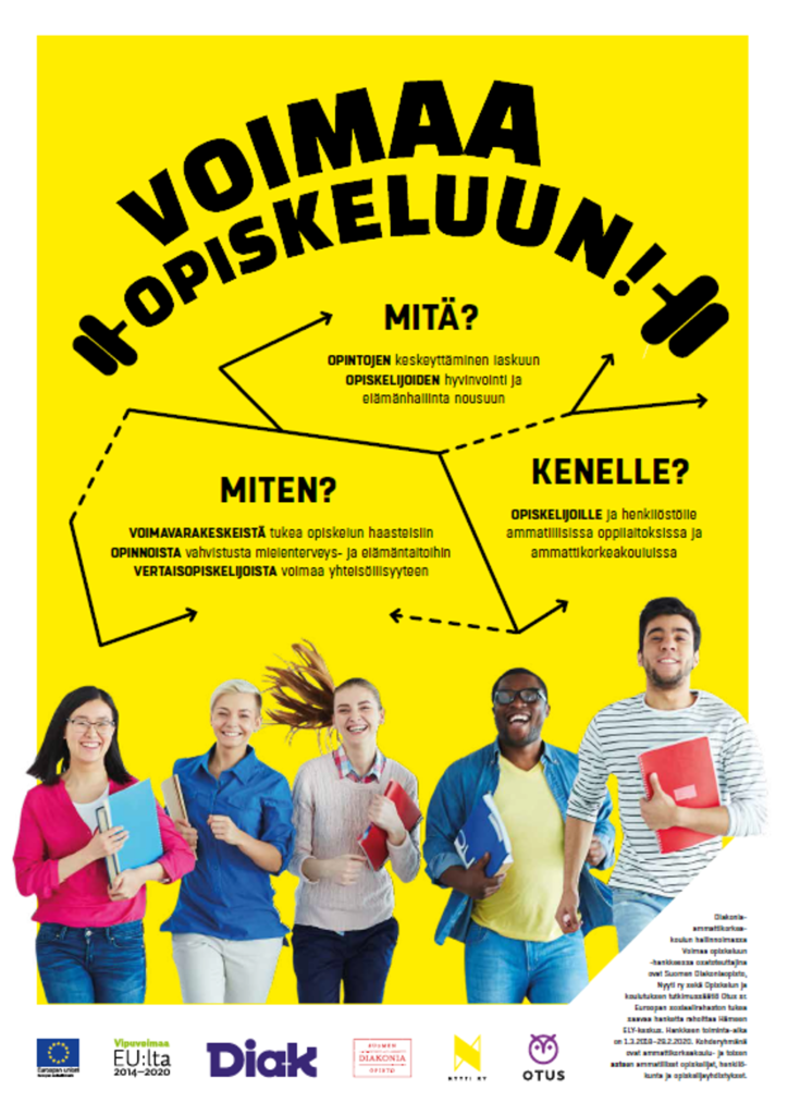 VOIMAA OPISKELUUN! -juliste, jossa tekstit:
MITÄ?
Opintojen keskeyttäminen laskuun
Opiskelijoiden hyvinvointi ja elämänhallinta nousuun
MITEN?
Voimavarakeskeistä tukea opiskelun haasteisiin
Opinnoista vahvistusta mielenterveys- ja elämäntaitoihin
Vertaisopiskelijoista voimaa yhteisöllisyyteen
KENELLE?
Opiskelijoille ha henkilöstölle ammatillisissa oppilaitoksissa ja ammattikorkeakouluissa.
Julisteen alareunassa joukko erilaisia ihmisiä, joiden alla hankkeessa mukana olleiden tahojen tunnukset.
