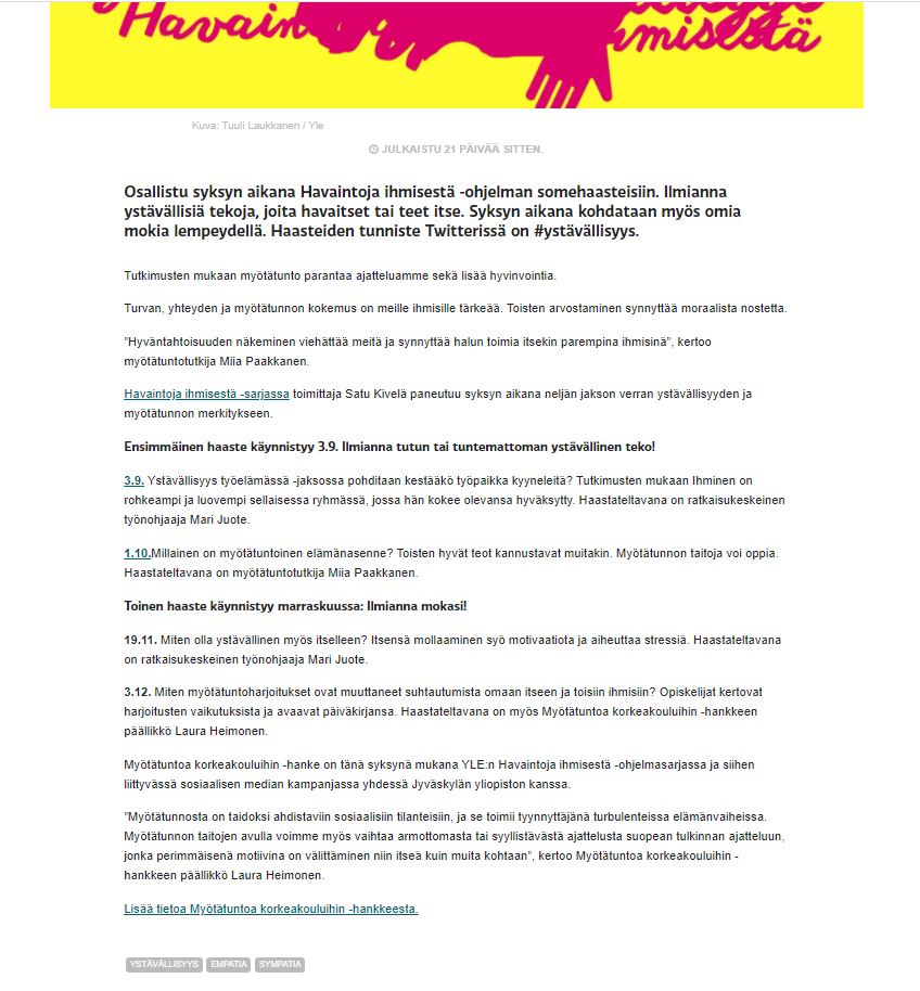 Alt=""Kuva on kuvakaappaus YLE:n verkkosivuilla 3.9.20 julkaistusta jutusta "Myötätunto on alikäytetty supervoima"