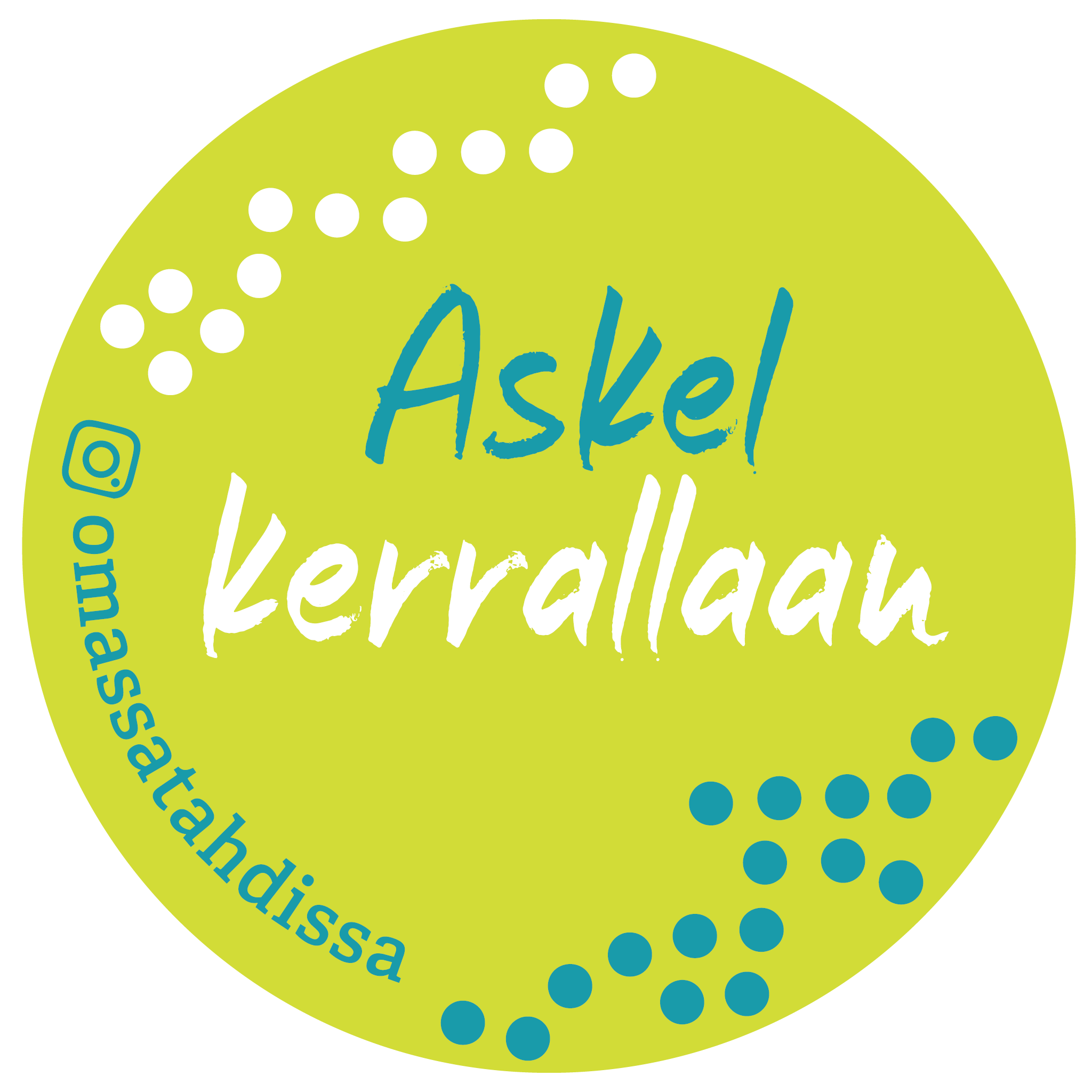 Kuvassa limenvärinen ympyrä, jossa teksti Askel kerrallaan