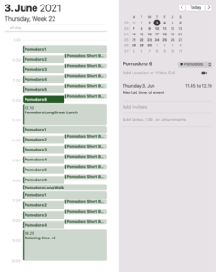 A screenshot of one day in a digital calendar. You can see the different pomodoro sessions and the breaks in between.