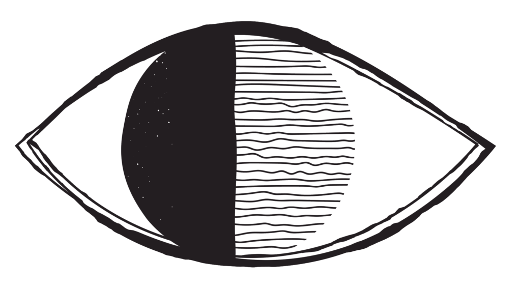 Piirretty mustavalkoinen silmä, jossa iiriksen vasen puoli on musta ja oikea puoli muodostuu aaltoilevista viivoista