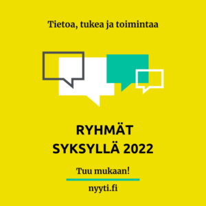 Kuvassa on puhekuplia sekä teksti: tietoa, tukea ja toimintaa. Ryhmät syksyllä 2022, tuu mukaan!