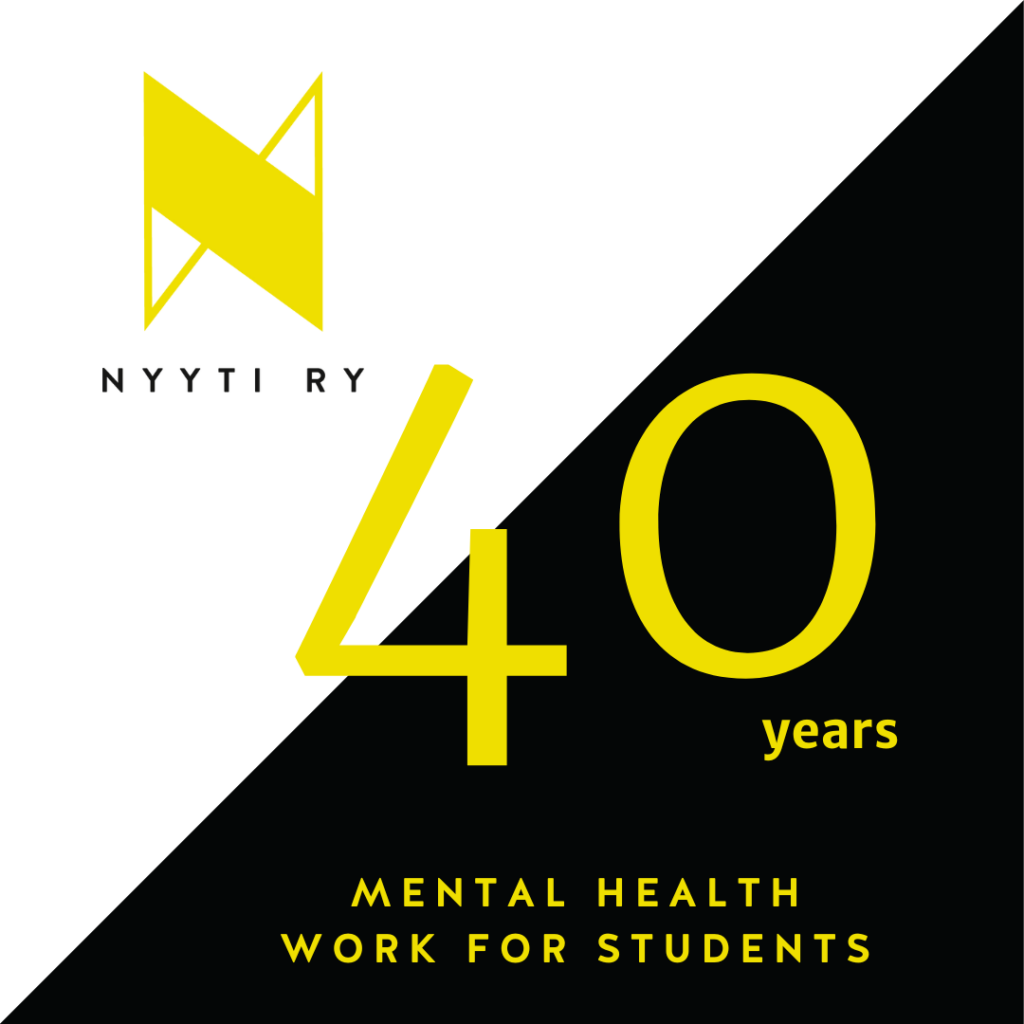 A square divided in half from the upper right corner to the lower left corner. Upper half white, lower half black. Nyyti ry's logo in the upper left corner. 40 years in yellow in the middle of the picture. Text below: Mental health work for students