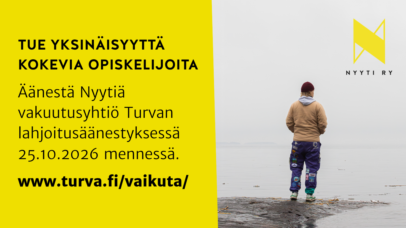 Tue yksinäisyyttä kokevia opiskelijoita. Äänestä Nyytiä vakuutusyhtiö Turvan lahjoitusäänestyksessä 25.10.2026 mennessä. www.turva.fi/vaikuta/