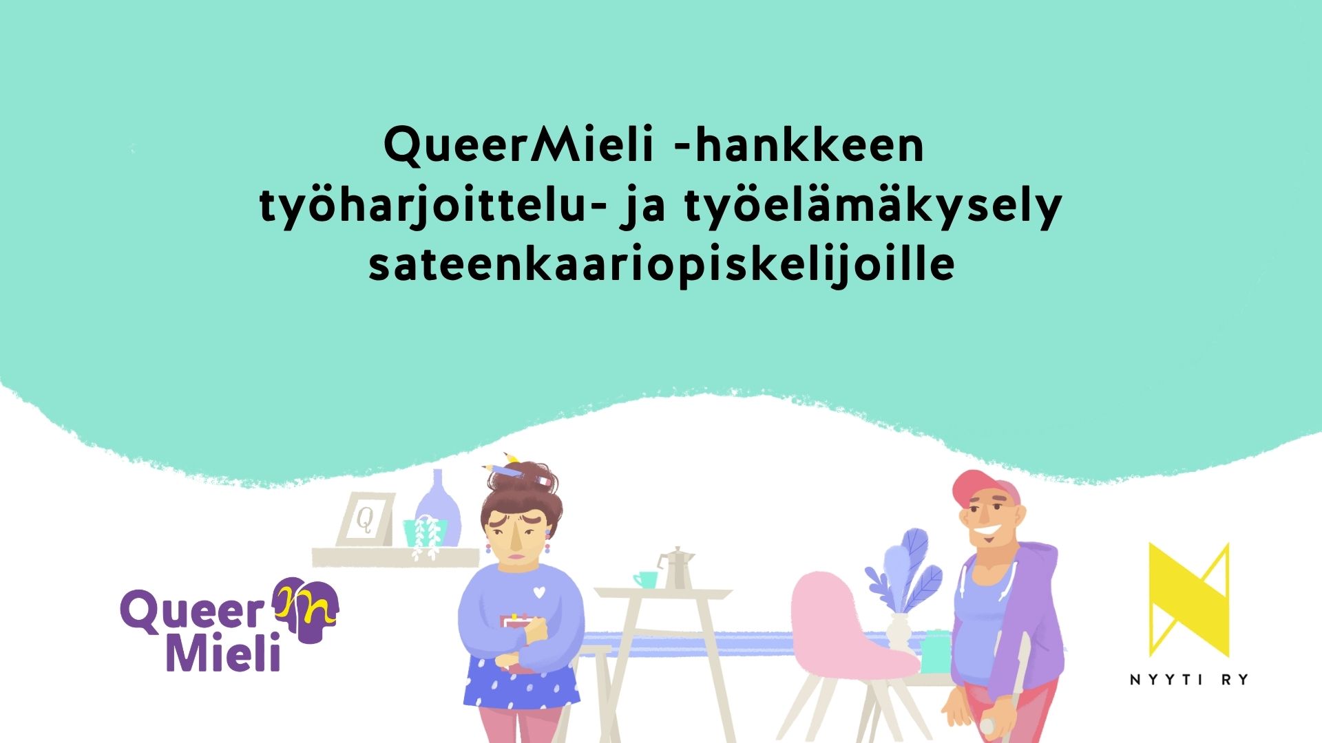 QueerMieli – hankkeen työharjoittelu- ja työelämäkysely sateenkaariopiskelijoille Sateenkaariopiskelijoita kahvilaympäristössä, toinen opiskelijoista näyttää huolestuneelta ja toinen iloiselta.