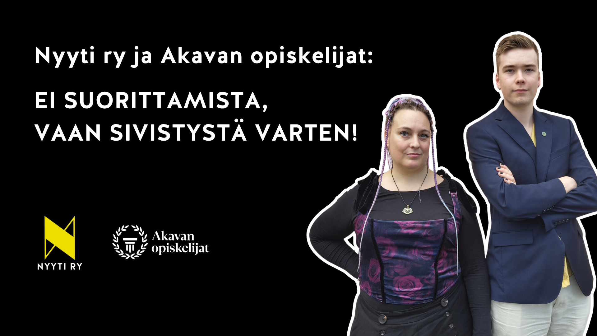 Kuva, jossa kaksi henkilöä seisovat rinnakkain vakavina. Kuvassa artikkelin otsikon teksti.